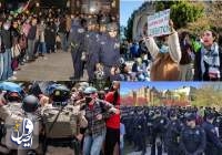 شرطة مددجين بالسلاح يحاولون فض اعتصام جامعة كاليفورنيا